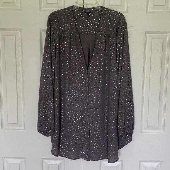 Torrid 4X Gray With Silver Metallic Dots Semi Sheer Long Sleeve Blouse - Picture 1 of 10